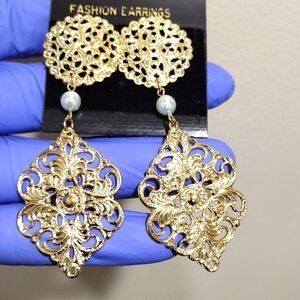 Women's Stylish Gold-tone Filigree Design 3" Long Beaded Drop Dangle Earrings #5